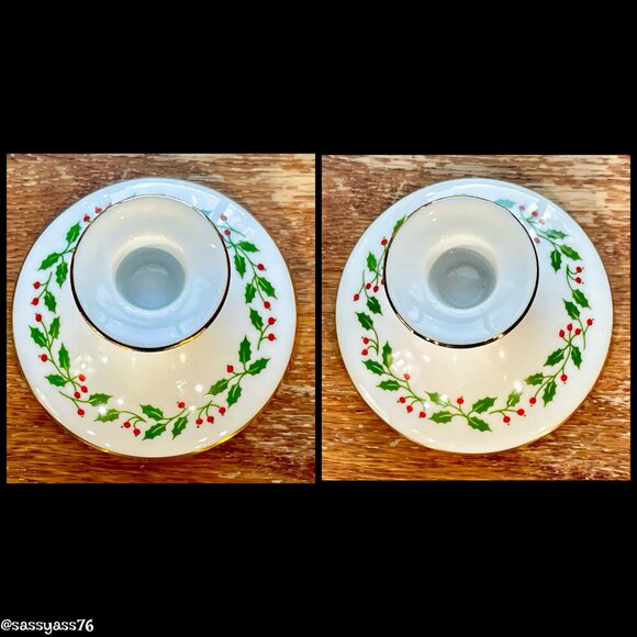 ▪️VTG▪️GEROLD-PORZELLAN▪️Pair Porcelain Gold Trim Holly Berry Candle Holders - Picture 5 of 8